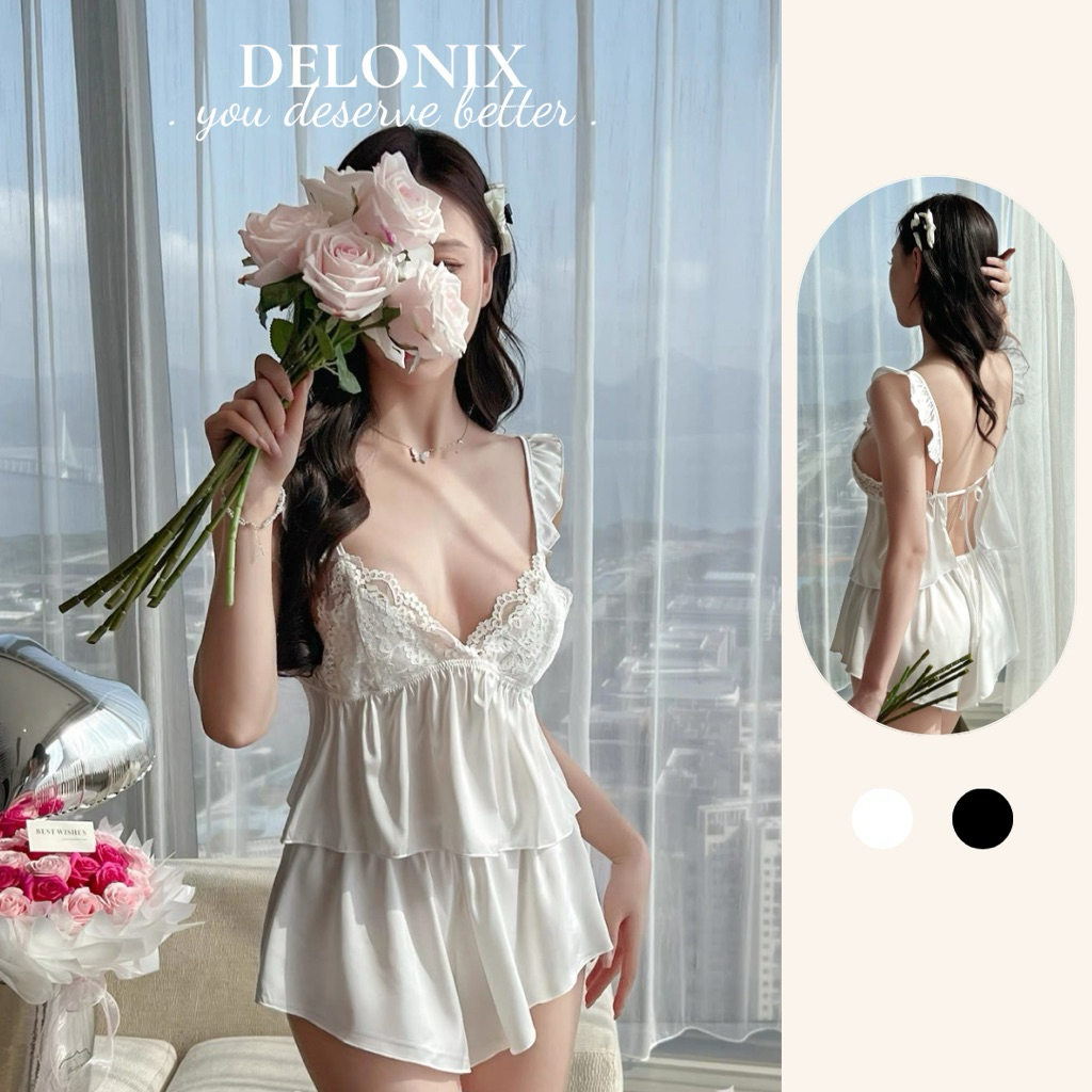 B25 Đồ bộ ngủ 2 dây cánh tiên tôn dáng cột nơ hở lưng chuẩn hàng Quảng Châu cao cấp nữ DELONIX