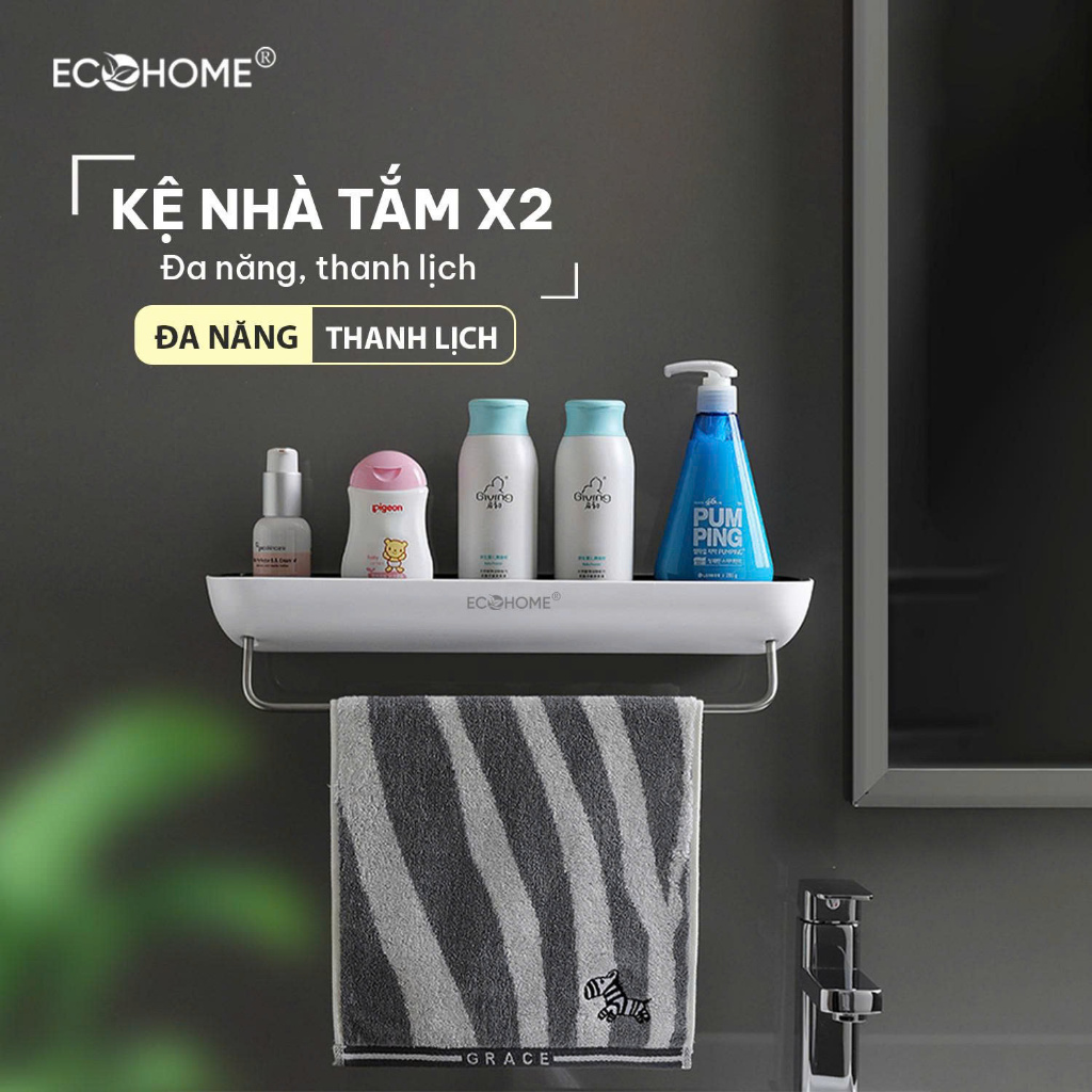 Kệ để đồ nhà tắm dán tường – Hàng chính hãng ecoHOME (1 tầng kèm giá treo khăn inox) - Loại cao cấp 