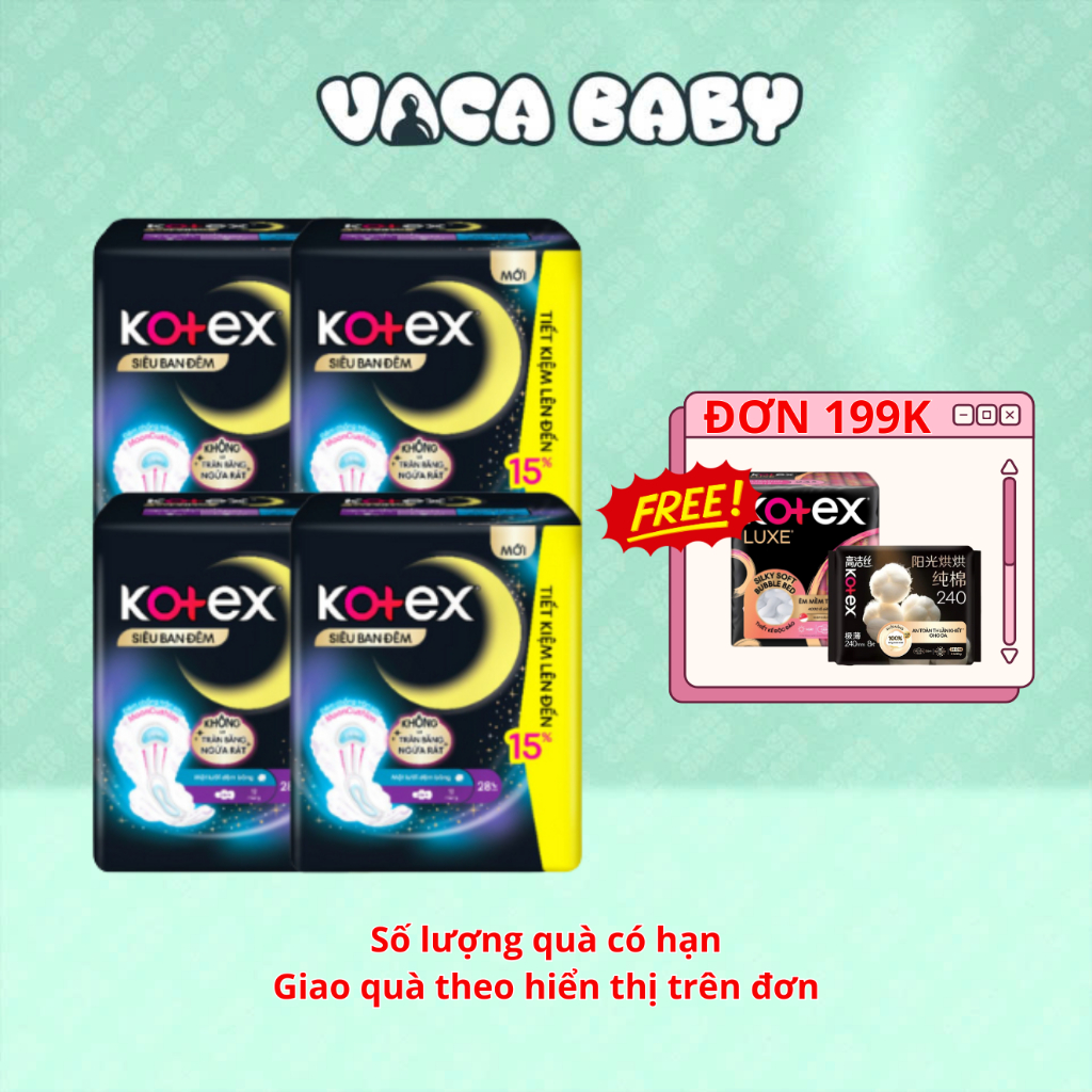 Combo 4 gói BVS Kotex ban đêm 28cm gói 12 miếng/ Kotex ban đêm 35cm gói 8 miếng tiết kiệm Vaca Baby