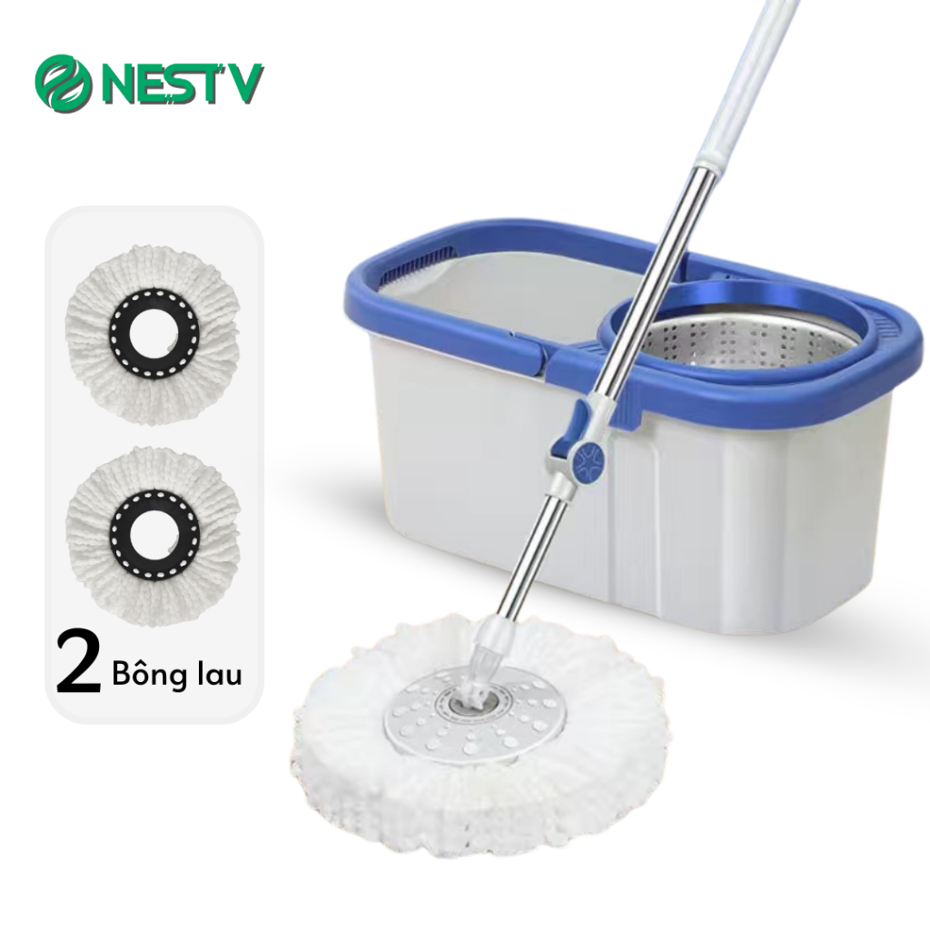 Bộ cây lau nhà 360 độ xoay thông minh bông lau tròn kèm thùng có bánh xe