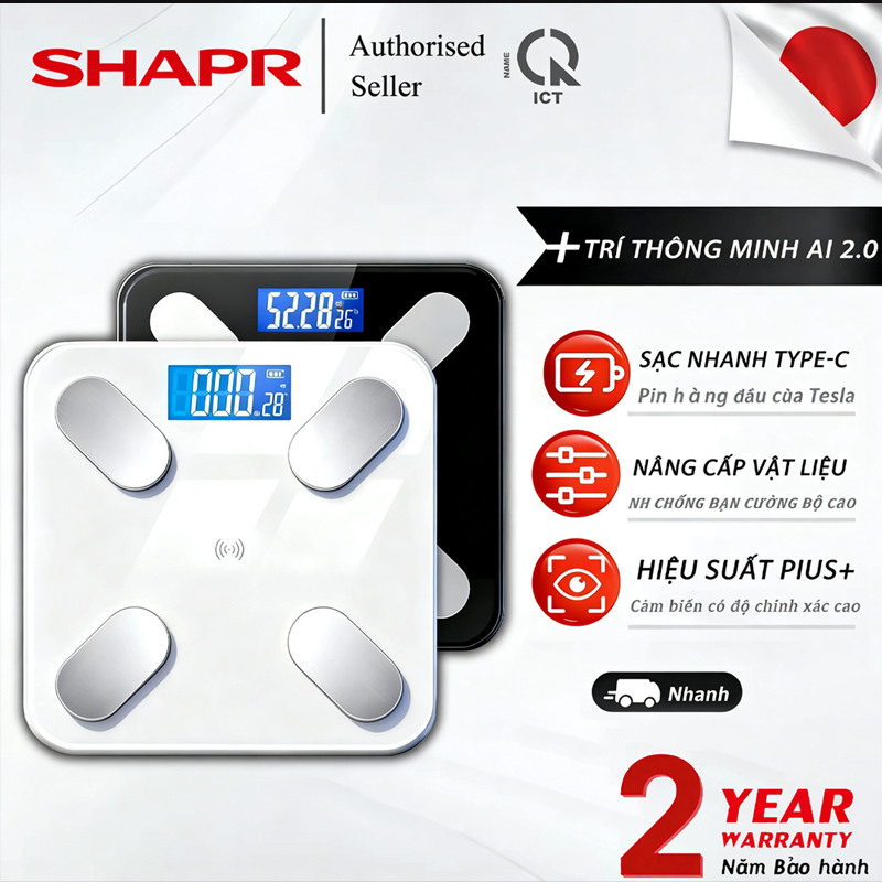 【Bảo hành 2 năm miễn phí 】Cân điện tử sức khỏe thông- minhMàn Hình LCD Kết Nối Bluetooth APP- đo 15 chỉ số cơ thể