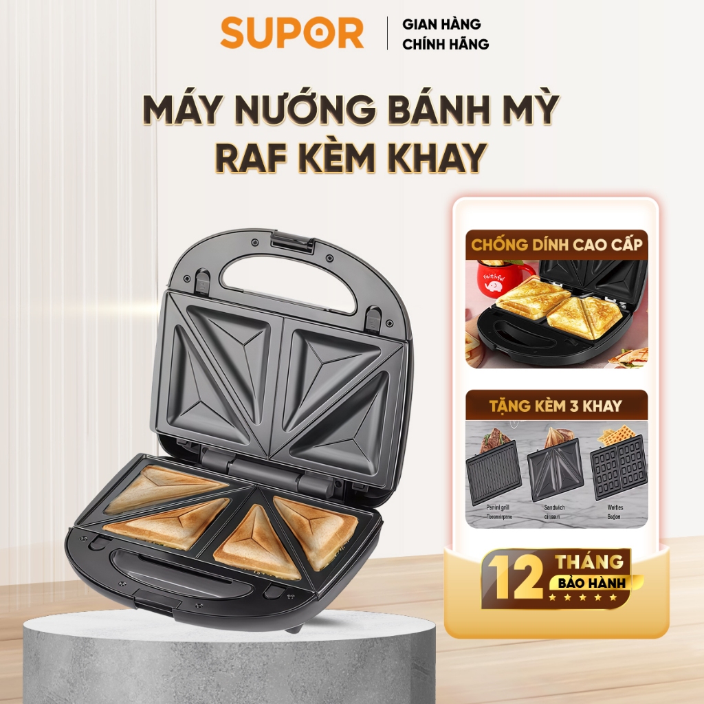 [BH 1 NĂM] Máy kẹp bánh mì RAF R540 kèm 3 khay nướng, máy nướng bánh mì làm bánh waffle, rán trứng đa năng tiện lợi