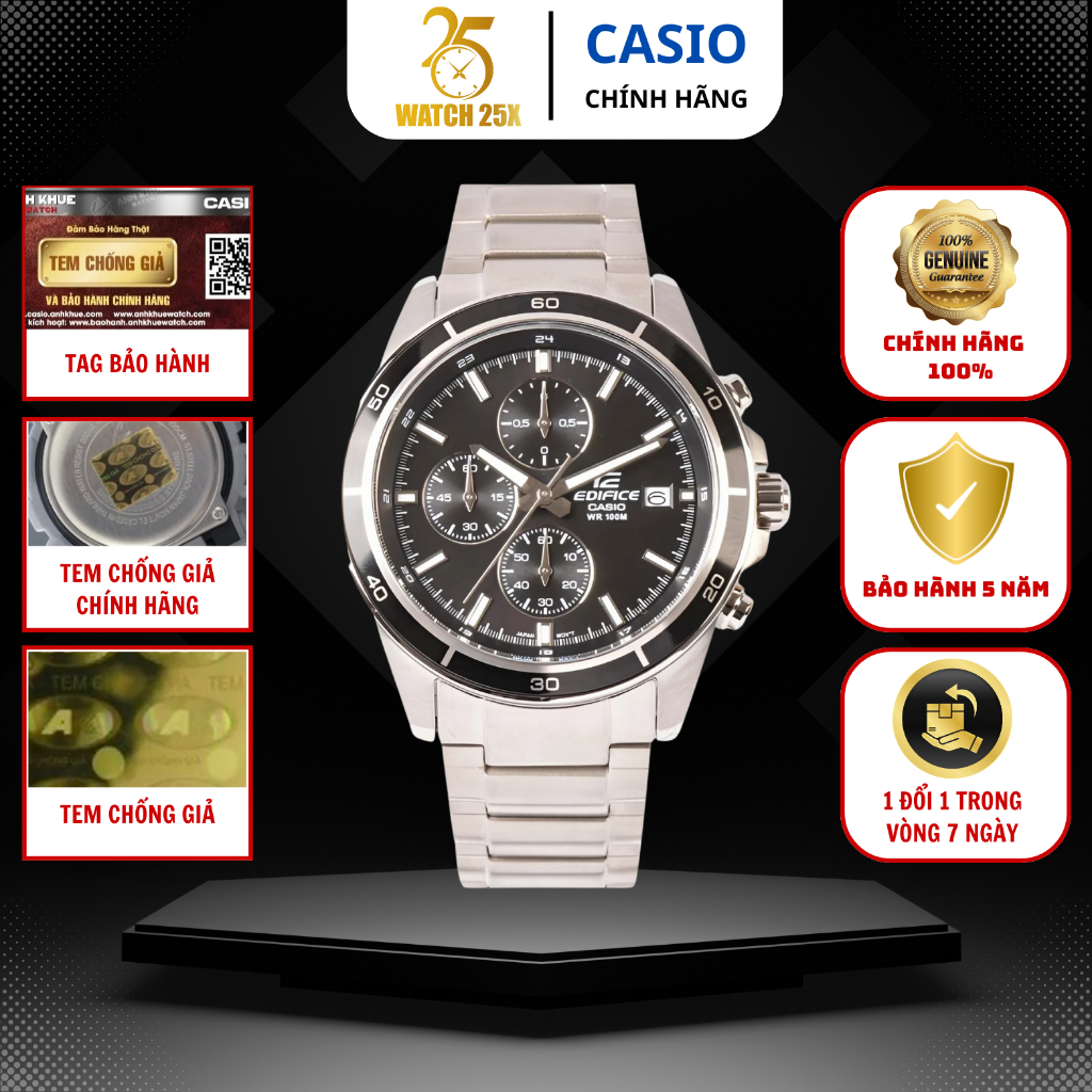 Đồng Hồ Nam Casio Chronograph EFR-526D-1AVUDF Mặt Đen Vỏ Bạc Watch25x Thép Không Gỉ Lịch Ngày.