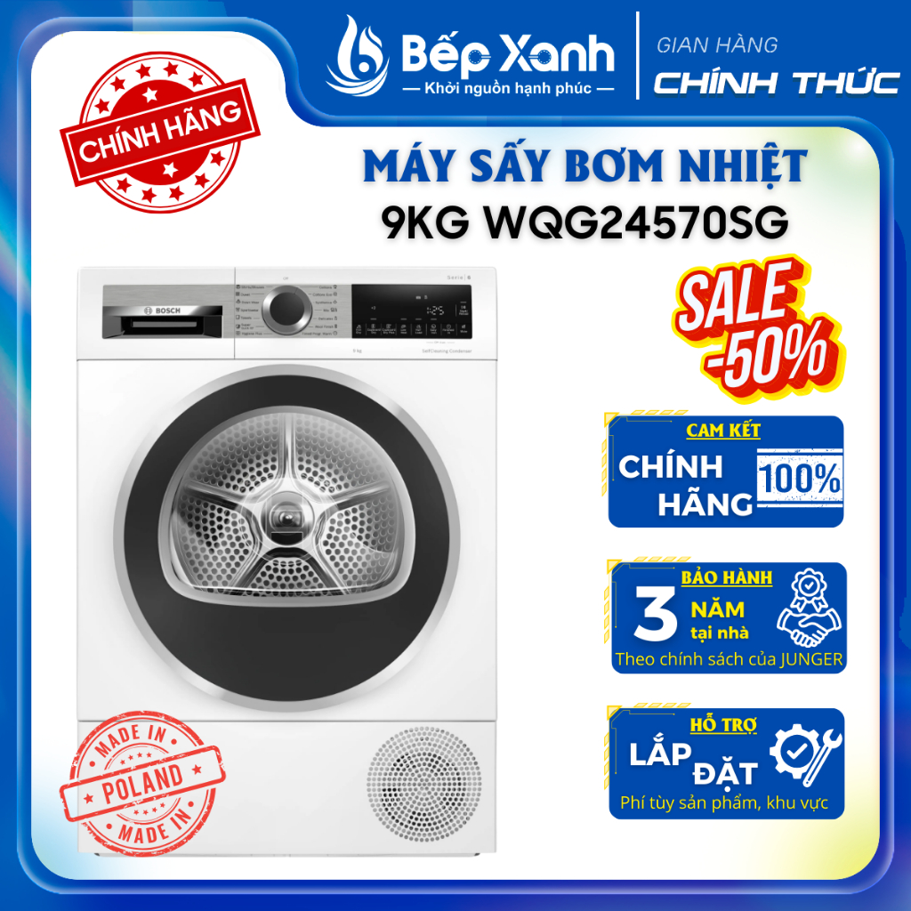 Máy sấy bơm nhiệt Bosch 9 kg WQG24570SG, sấy khô, bảo vệ quần áo, bảo hành 3 năm Bosch Việt Nam