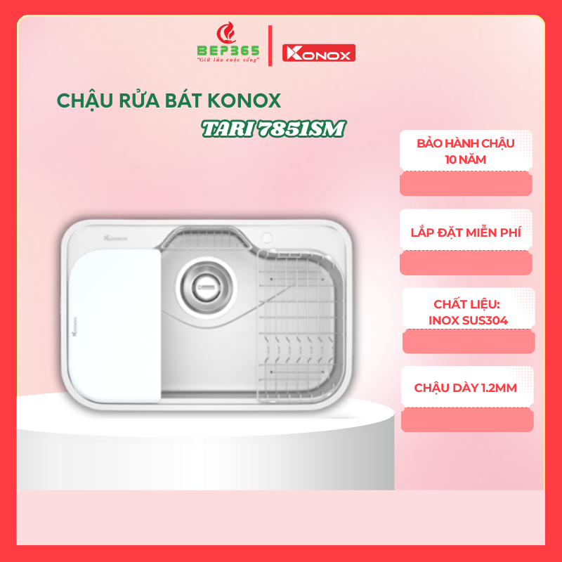 Chậu Rửa Bát Konox Tari 7851SM – Bề Mặt Mịn – Inox 304 Dày 1.2mm – Phủ Mạ Crom Sang Trọng