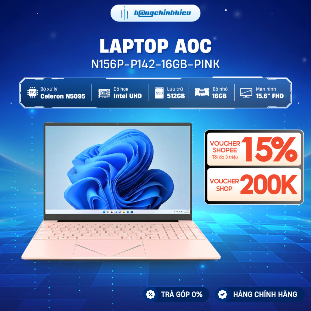 Laptop AOC N156P-P142-16GB-Pink Celeron N5095 | 16GB | 512GB | 15.6' FHD | Win 11 Pro | Màu Hồng