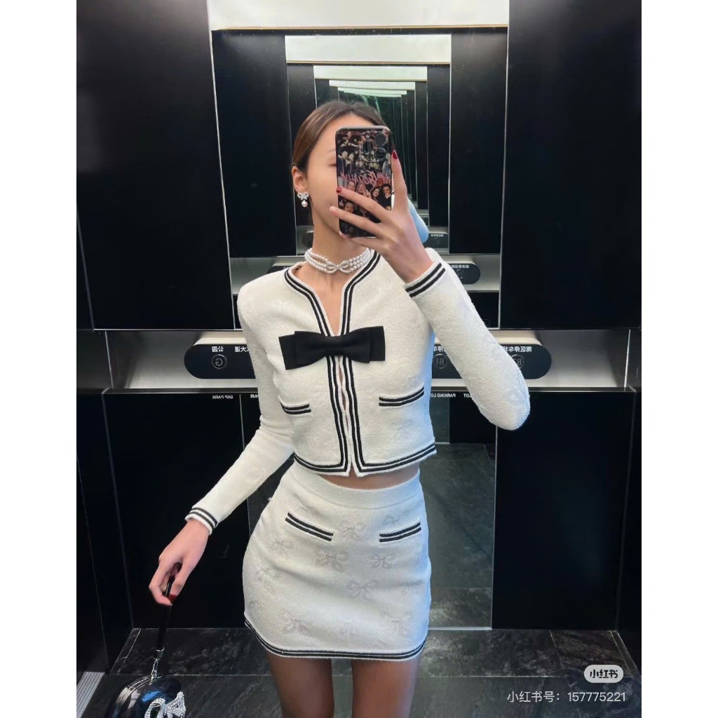 Set áo cardigan dệt kim chân váy ngắn nữ phong cách Pháp, nơ trước ngực, Set váy len tách rời