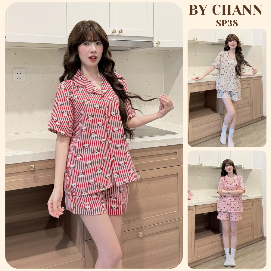 Bộ Đồ Ngủ Pyjama BY CHANN (SP38) họa tiết dễ thương áo cộc quần cộc chất liệu đũi mềm có bigsize đến