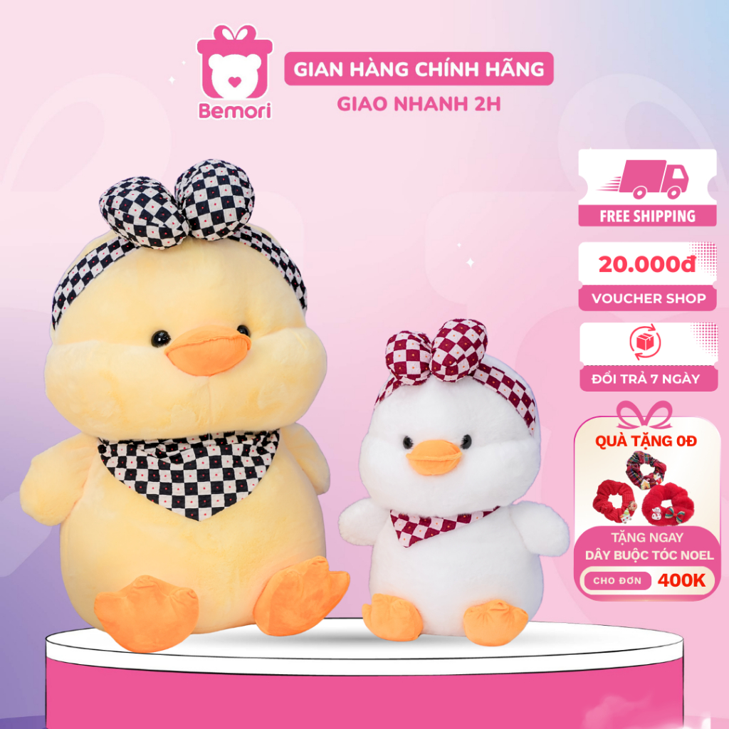 Gấu Bông Vịt Quàng Khăn Đội Nơ Caro BEMORI Thú Nhồi Bông Vịt Mũm Mĩm Đáng Yêu