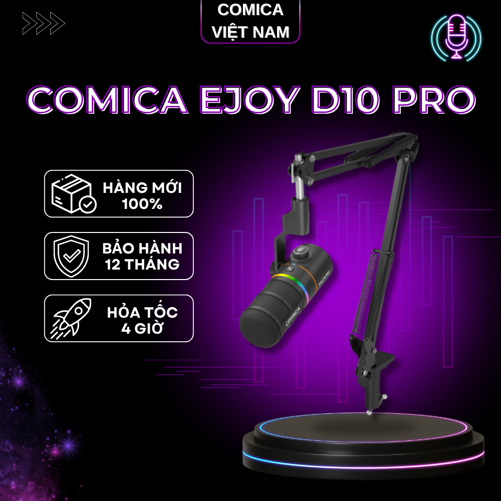 COMICA EJOY D10 PRO - Mic Thu Âm Không Dây - Hiệu Ứng Đèn Micrô RGB - Bảo Hành 12 Tháng