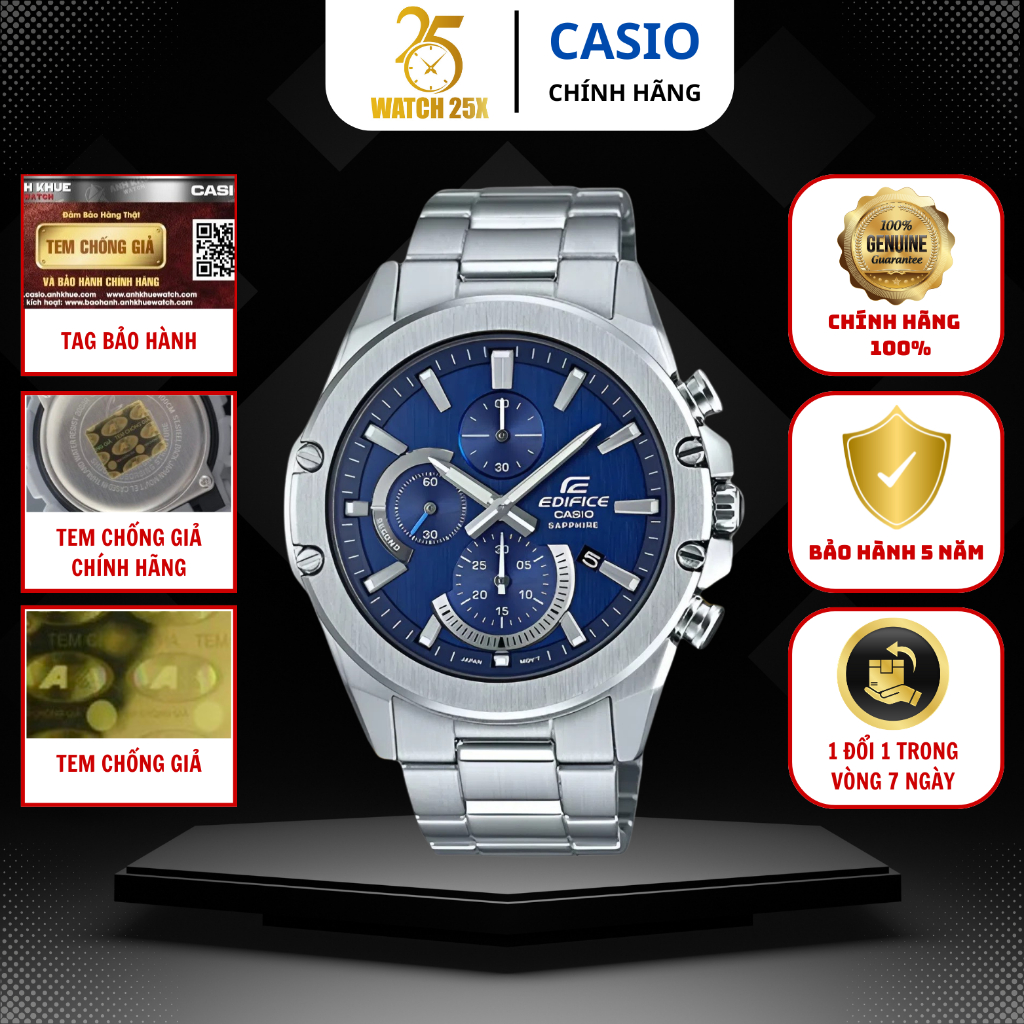 Đồng Hồ Casio Nam EFR-S567D-2AVUDF Mặt Xanh Navy Watch25x - Chức Năng Bấm Giờ Vỏ Thép