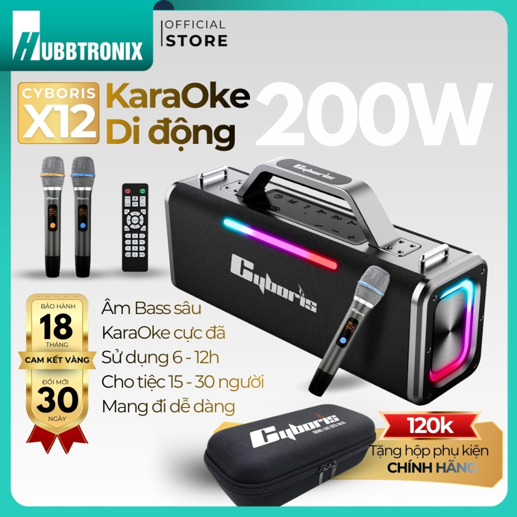 Loa Bluetooth CYBORIS X12 Karaoke 200W (Loa nội địa cao cấp),Pin 18000mAh,Chống nước IPX6,BH 18Th