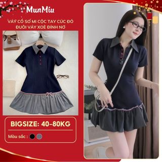  Đầm nữ MunMiu váy cổ sơ mi cộc tay cúc đỏ đuôi váy xoè đính nơ tiểu thư 5340 