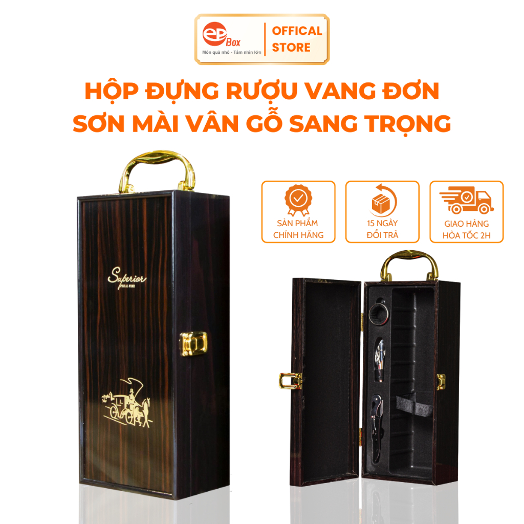Hộp Đựng Rượu Vang Sơn Mài Epvina Box Màu Nâu Vân Gỗ Phủ Sơn Bóng PU, Đựng 1 Chai 750ml