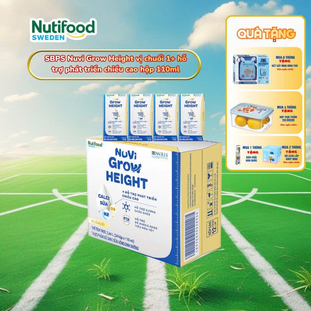 [CÓ QUÀ] Combo 2 Thùng 24 hộp SBPS Nuvi Grow Height vị chuối 1+ hỗ trợ phát triển chiều cao hộp 110m