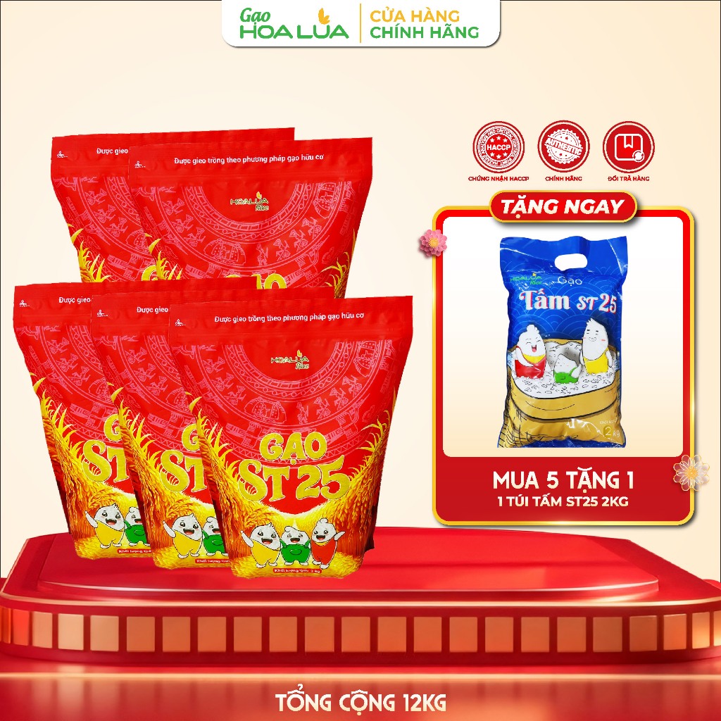 [Tặng 2KG Tấm ST25] Combo 10kg Gạo ST25 Hoa Lúa (túi 2kg) - Dẻo mềm, thơm ngon đặc trưng (Tổng 12Kg)