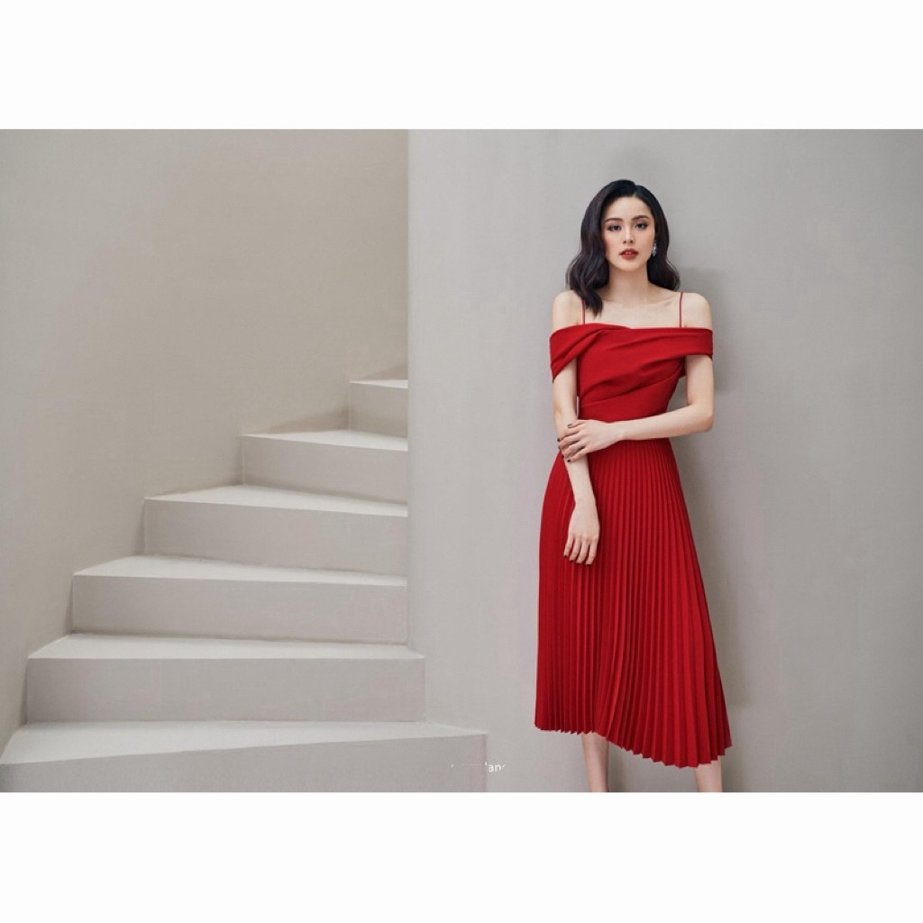 Váy SML Lane Jt đen - đỏ Isla Pleated midi dress Chính hãng 100% 1990K