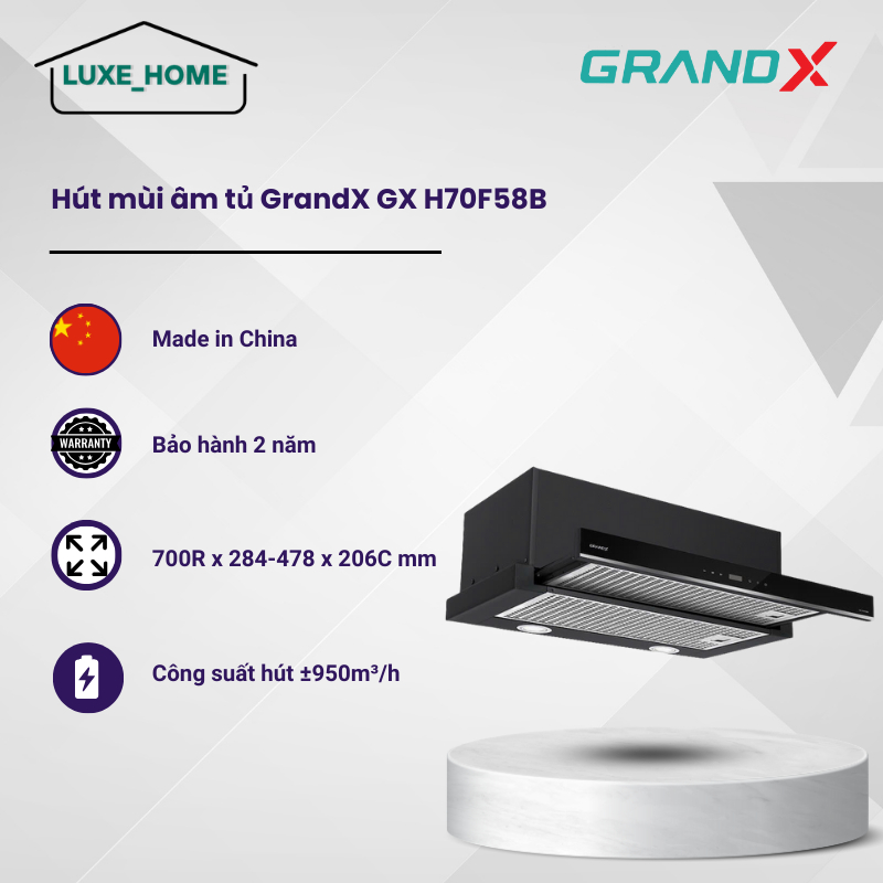 Máy Hút Mùi Âm Tủ GrandX GX H70F58B - 3 Tốc Độ - Động Cơ Tuabin 120W - LUX