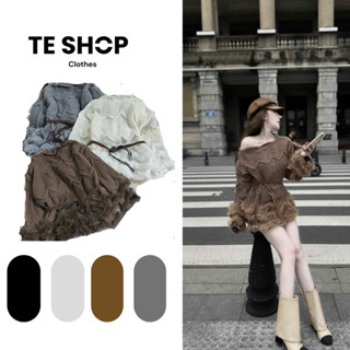    TẶNG KÈM ĐAi  Áo len trễ vai form giấu quần phối viền lông váy trễ vai nữ sang chảnh TE Shop 