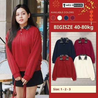  Áo sweater nữ BIGSIZE Mèo Ú áo nỉ trơn phối cổ bẻ sơ mi caro cài nút basic Hàn Quốc dễ thương 3900 