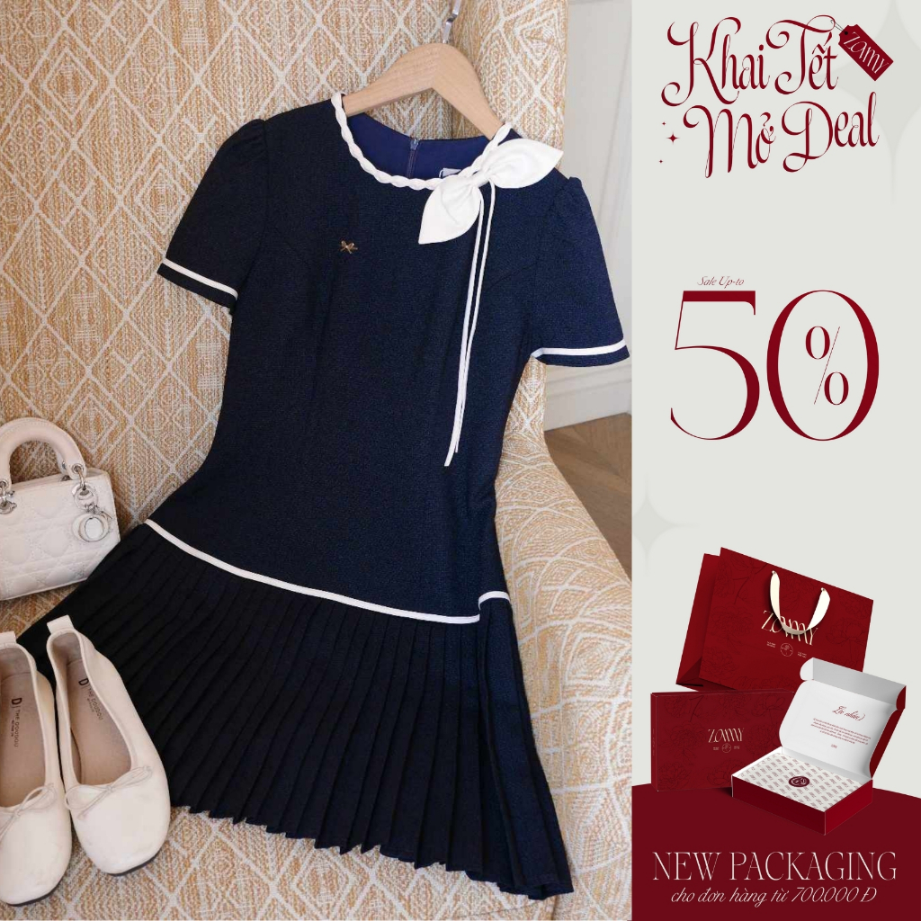 ZAMY SHOP - Váy thiết kế phối nơ chân dập ly, váy tiểu thư, váy đi chơi, đi làm sang trọng