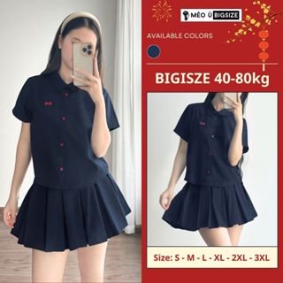  Set đồ nữ sinh BIGSIZE Mèo Ú áo cộc tay giả sơ mi cúc đỏ thêu nơ kèm chân váy xếp ly basic Hàn Quốc 189 
