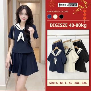  Set đồ nữ BIGSIZE áo cộc tay cổ phối vạt khăn thủy thủ kèm chân váy ngắn xòe 1906 