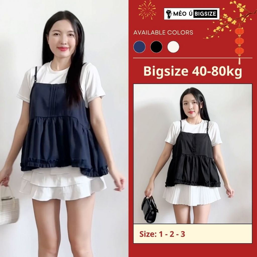 Set áo nữ BIGSIZE Mèo Ú áo thun trơn cộc tay kèm áo 2 dây xếp ly viền bèo phong cách babaydoll nữ tính hack dáng 389