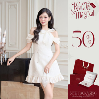  ZAMYSHOP - Váy thiết kế dạ bông nơ lệch váy đi tiệc váy xinh đi chơi sang trọng 