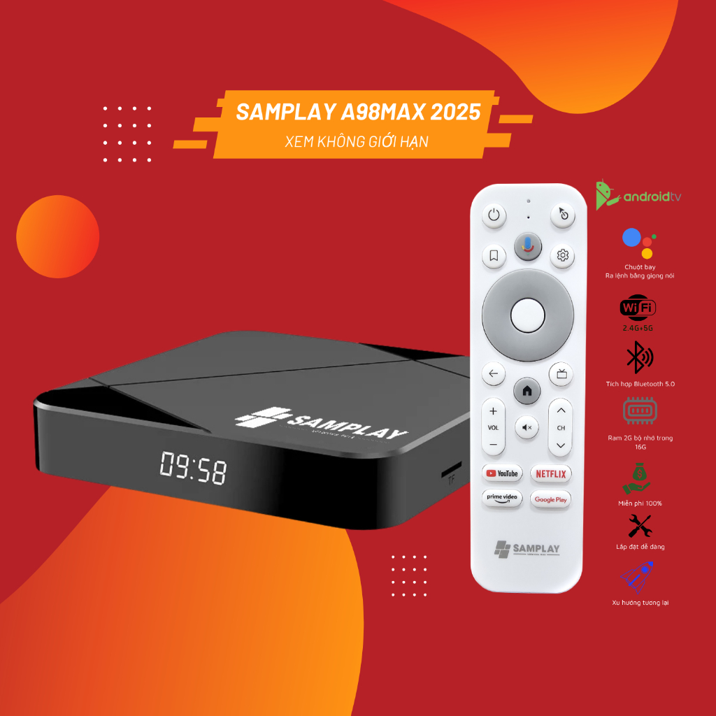 Android tivi Box SAMPLAY A98MAX, Android TV 13,Remote chuột bay tìm kiếm giọng nói, RAM 2G bộ nhớ 16