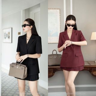  Set vest nữ dáng dài tay ngắn cao cấp phối chân váy xếp ly - Blazer nữ công sở sang trọng Hb.closet S28 