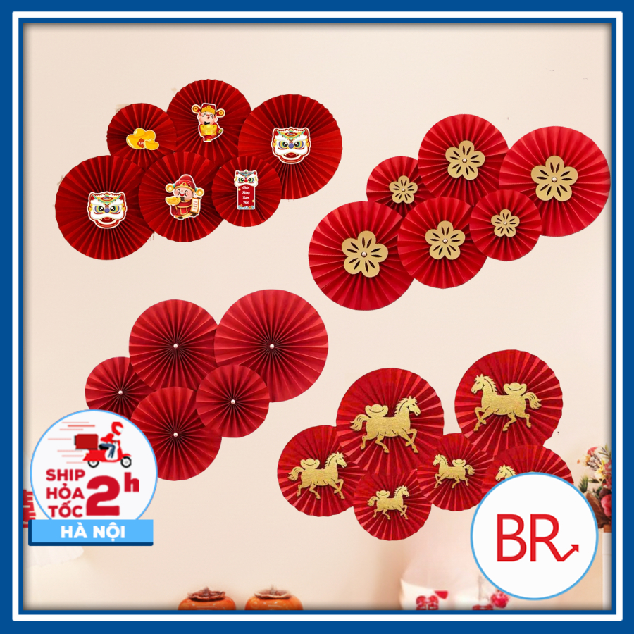[Tết 2026] Set 6 quạt giấy đỏ trang trí dán tường xinh xắn - Quạt giấy xếp đỏ decor nhà cửa, quán cafe... 01727