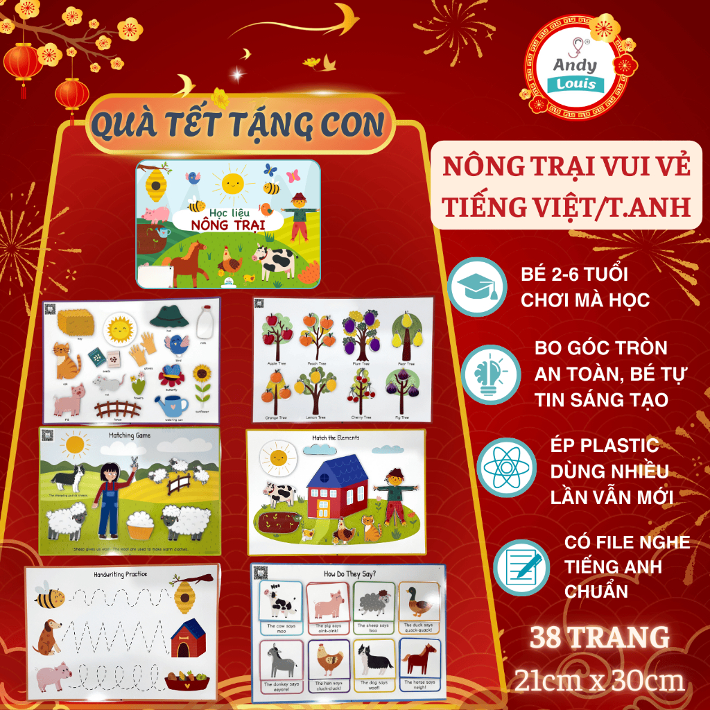 Đồ Chơi Bóc Dán Động Vật Nông Trại Vui Vẻ Cho Bé, Học Liệu Phát Triển Ngôn Ngữ Cho Trẻ Andy Louis, B