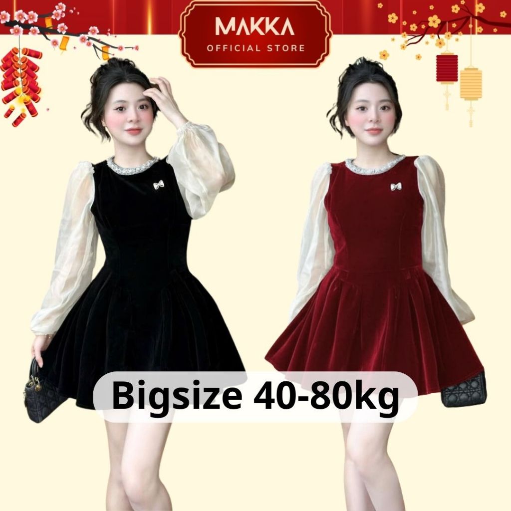  Váy nhung nữ MAKKA váy thiết kế phối tay tơ cổ đính đá ngọc gắn nơ ngực siêu xinh 5010 