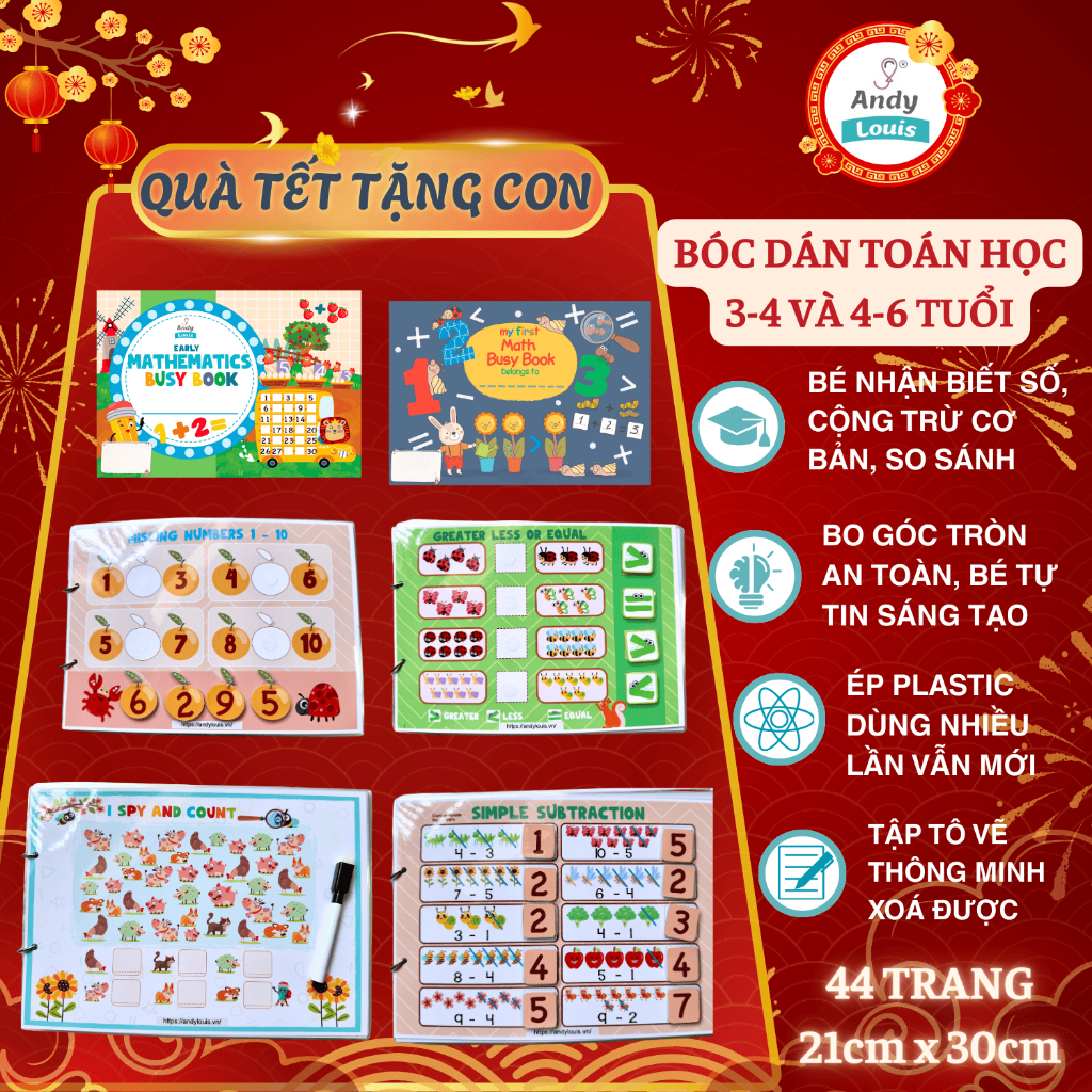 Toán Tư Duy Cho Trẻ 4 6 Tuổi, Bóc Dán Toán Cho Bé Chuẩn Bị Vào Lớp 1 Andy Louis, Bóc Dán Montessori 