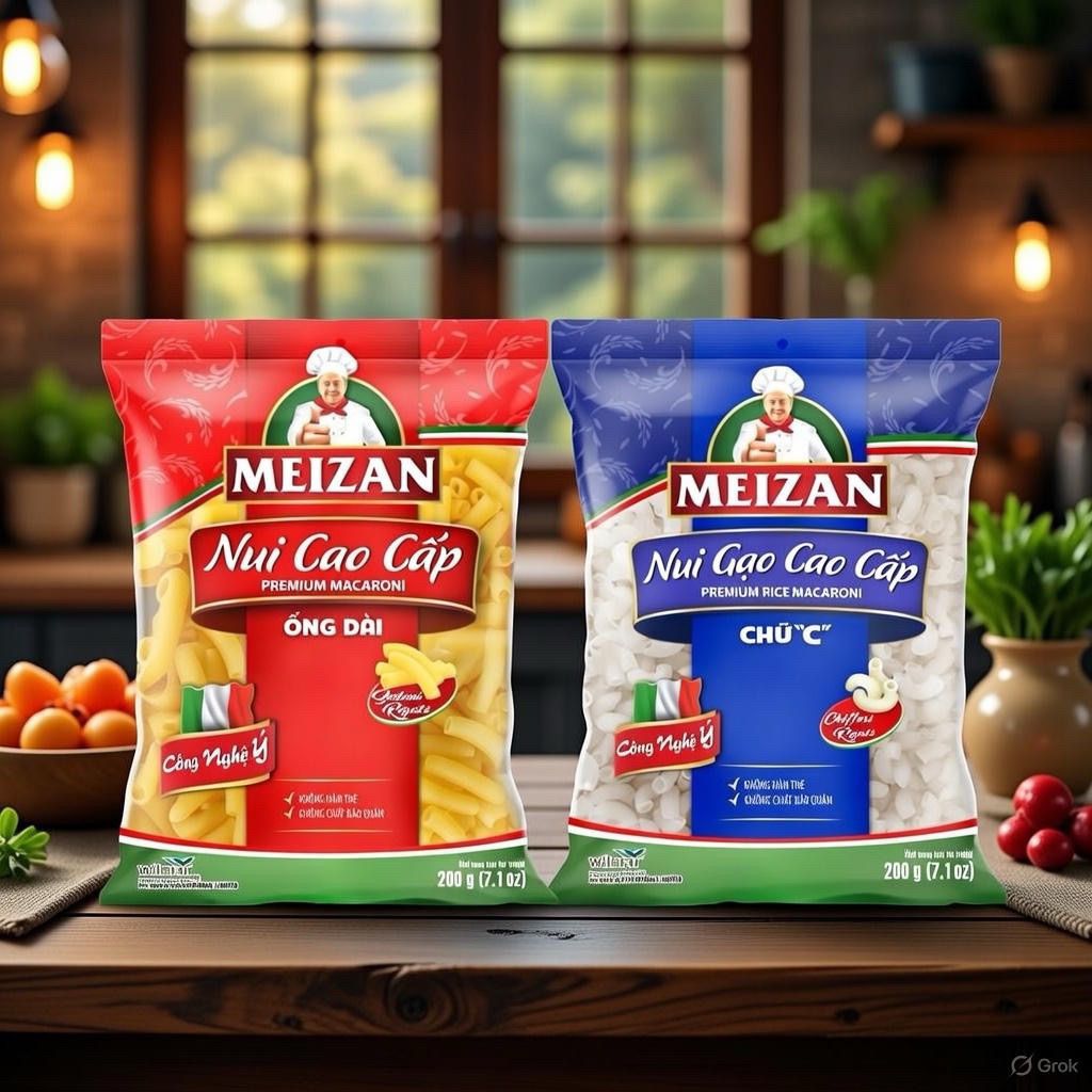 Combo 3 Bịch Nui Cao Cấp Meizan 200g – Nui Ống Dài, Nui Chữ C, Nui Gạo Thơm Ngon Dễ Nấu