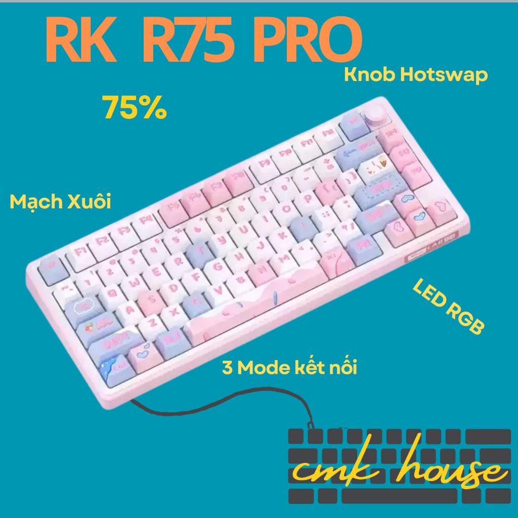 (sẵnn) Bàn Phím Cơ Không Dây RK R75 Bản Pro Mạch Xuôi 3 Mode - Hỗ trợ QMK -  (Led RGB/ Full Foam/ Ga