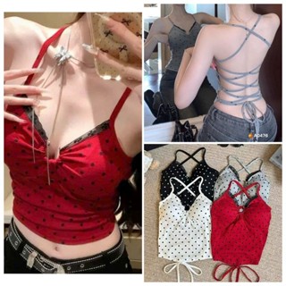  Áo yếm chấm bi nữ cổ V hở lưng cột nơ mix quần short đùi cạp trễ xinh xắn phong cách Hàn Quốc alohashop91 