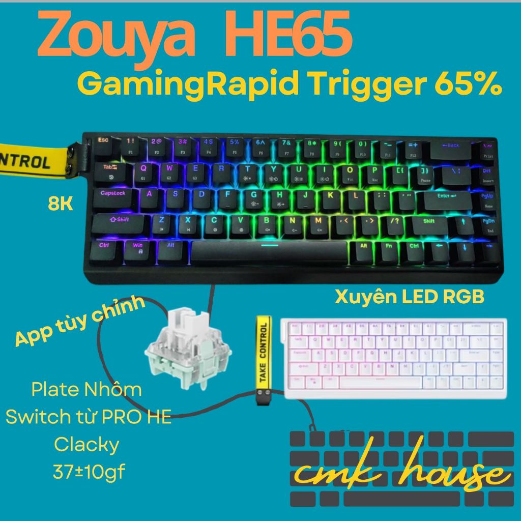 (sẵnn) Bàn Phím Cơ Gaming Rapid Trigger Zouya HE 65 - 8K Hz - Switch Nam Châm - RGB - SOCD - Hỗ trợ 