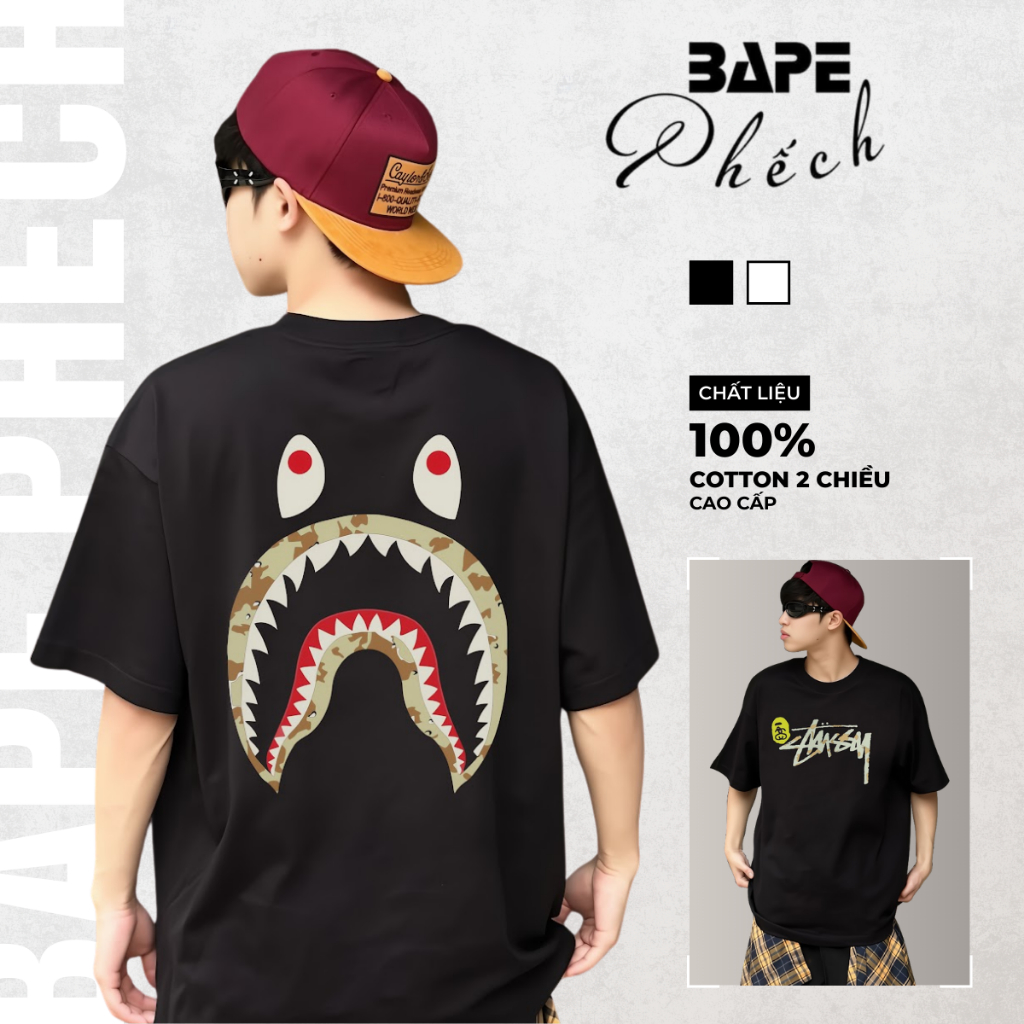 ÁO THUN UNISEX FORM RỘNG NAM NỮ STUSSY X BAPE SHARK, VẢI COTTON 2 CHIỀU CAO CẤP | BAPE PHẾCH