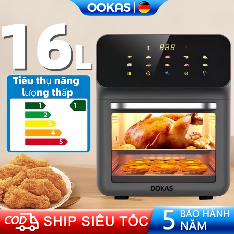 OOKAS Nồi Chiên Không Dầu 16L Màn hình cảm ứng LED Air Fryer Chảo Chống Dính, công suất mạnh 1800W