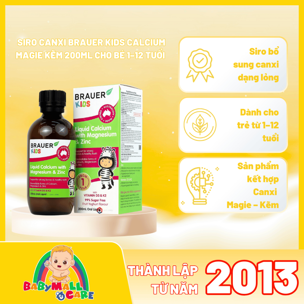 Siro Canxi Brauer Kids Calcium Magie Kẽm 200ml Cho Bé 1–12 Tuổi | Babymall & Care