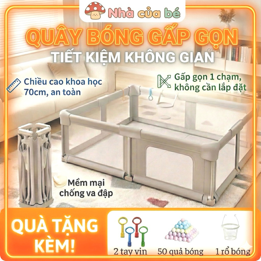 Quây Gấp Gọn 8 Góc Cao Cấp Cho Bé | Bản Nâng Cấp | Không Cần Lắp Đặt, Tặng 50 quả bóng, túi đựng, rổ bóng, tay vịn tròn