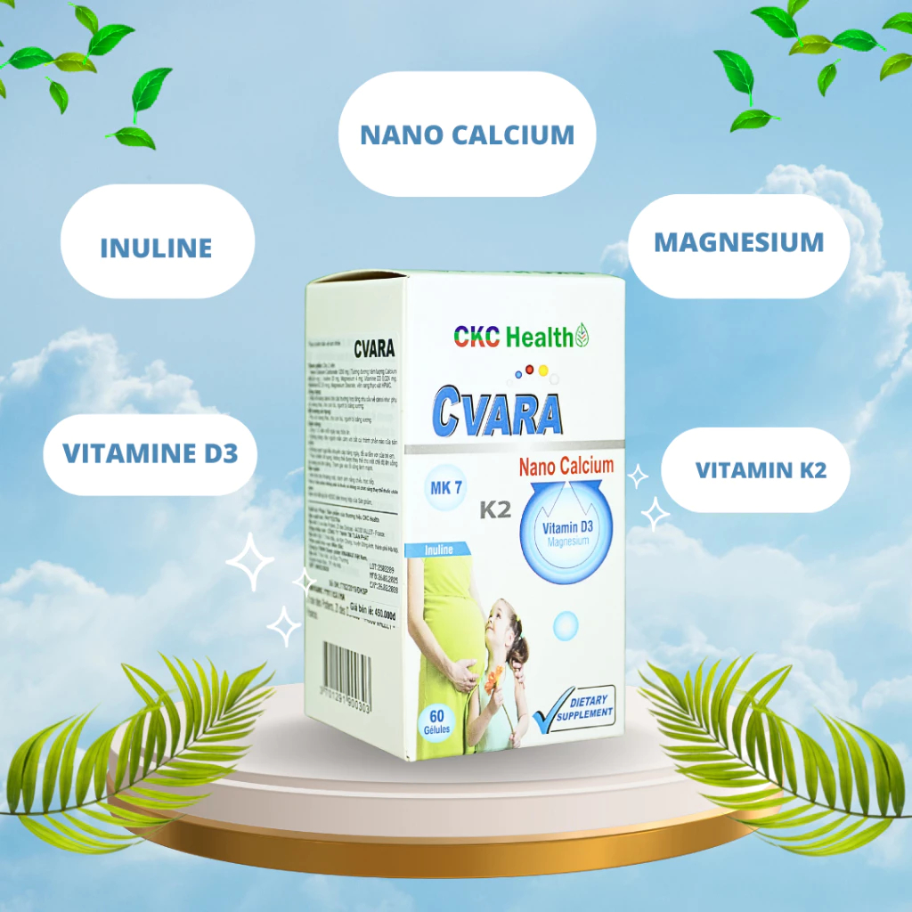 Canxi CVARA Pháp 60 viên/hộp Bổ sung Nano Calcium Carbonate & magnesium + Vitamin D3,K2