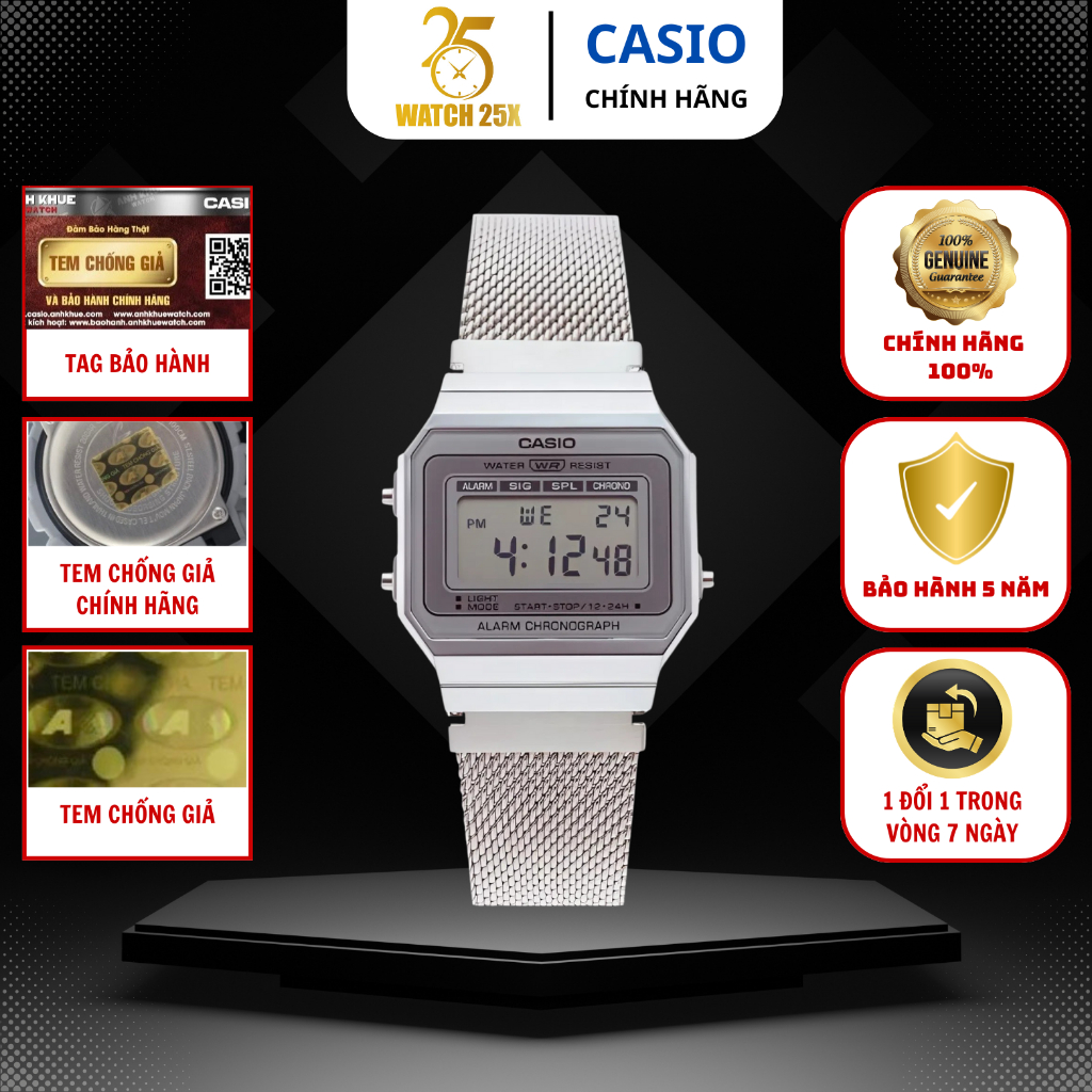 Đồng Hồ Điện Tử Unisex Casio A700WM-7ADF Cổ Điển Watch25x - Dây Kim Loại Bạc Thép Không Gỉ.