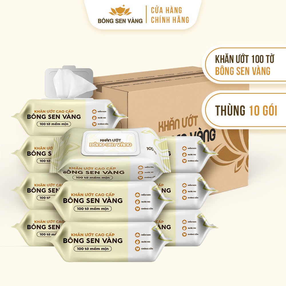 Khăn ướt cao cấp Bông Sen Vàng ,thương hiệu uy tín, không parabens dành cho em bé gói 100 tờ