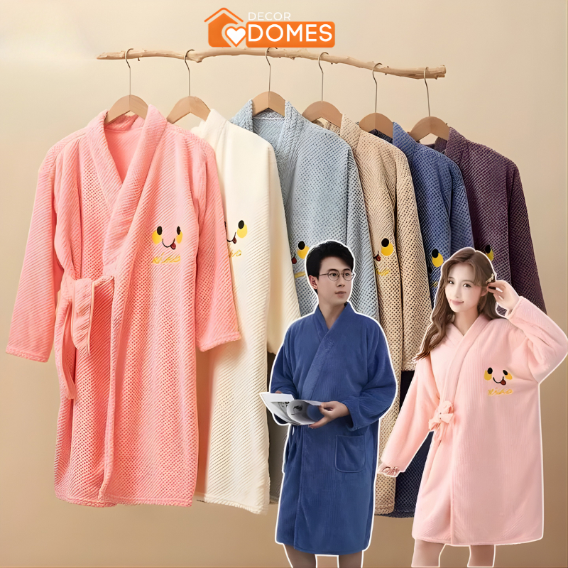 Váy Tắm Lông Cừu San Hô Tay Dài Mùa Đông DOMES Khăn Tắm Thấm Hút Nhanh, Áo Choàng Tắm Thêu Mặt Cười