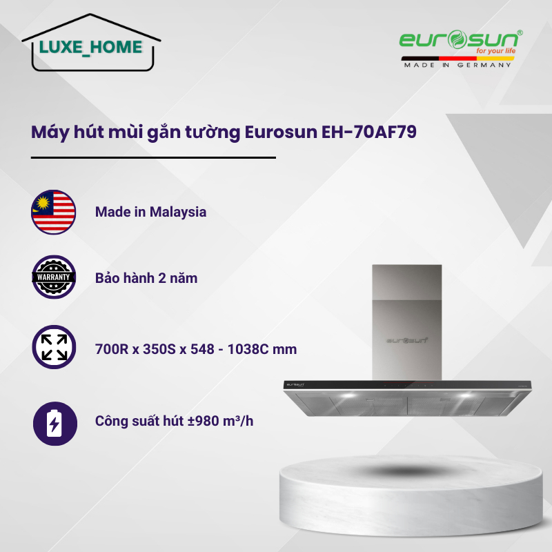 Máy Hút Mùi Eurosun EH-70AF79 – Cảm Ứng Quang – 5 Tốc Độ – Lọc Than Hoạt Tính Khử Mùi Hiệu Quả - LUX