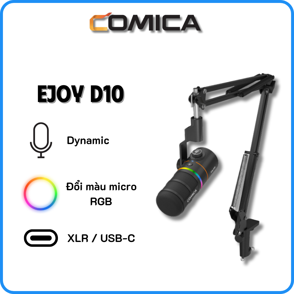 COMICA EJOY D10 - Mic Thu Âm Dynamic Đổi Màu RGB, Cổng XLR / USB - Bảo Hành 12 Tháng