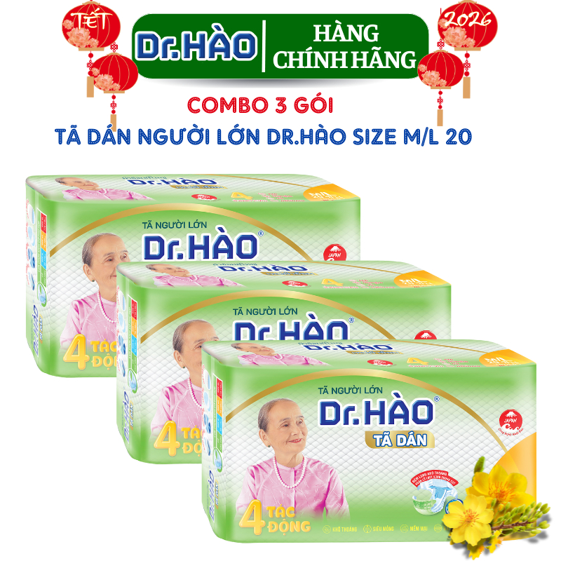 Tã Dán Người Lớn Dr.HÀO Size M/L 20 Miếng Kháng Khuẩn Chống Hăm Khử Mùi(Combo 3 Gói )